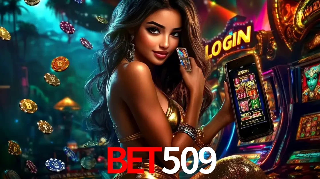 Mulher em um cenário de cassino temático de aventura, mostrando o app de caça-níqueis da bet509 no celular. Fichas de apostas flutuam ao redor.