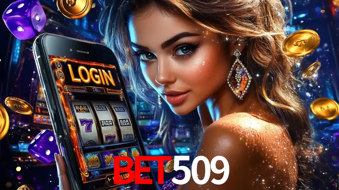 Mulher glamorosa segurando um smartphone com a tela de login para os jogos de caça-níqueis do cassino online bet509, com moedas de ouro e dados ao redor.