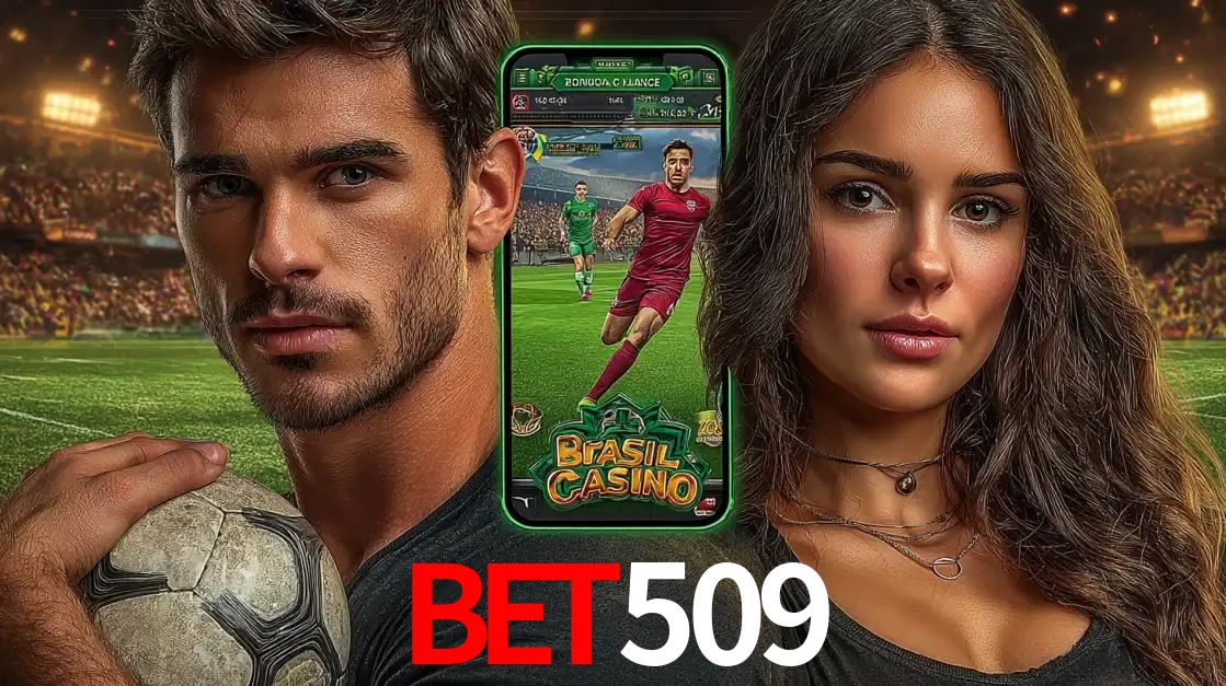 Homem segurando uma bola de futebol e uma mulher ao lado de um smartphone exibindo o jogo de apostas esportivas da bet509. Faça seu palpite no cassino online.